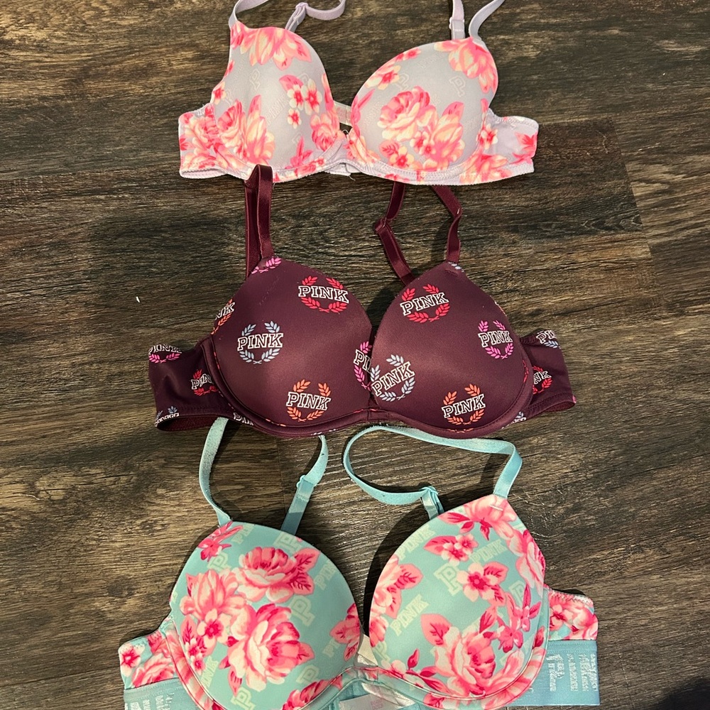 PINK Victoria's Secret Floral & Logo Push-Up Bra Trio - Pink, Burgundy, Mint